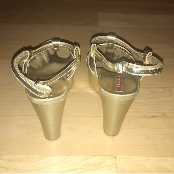 Gold Prada 4" Wedge Sandals - Picture 6 of 9